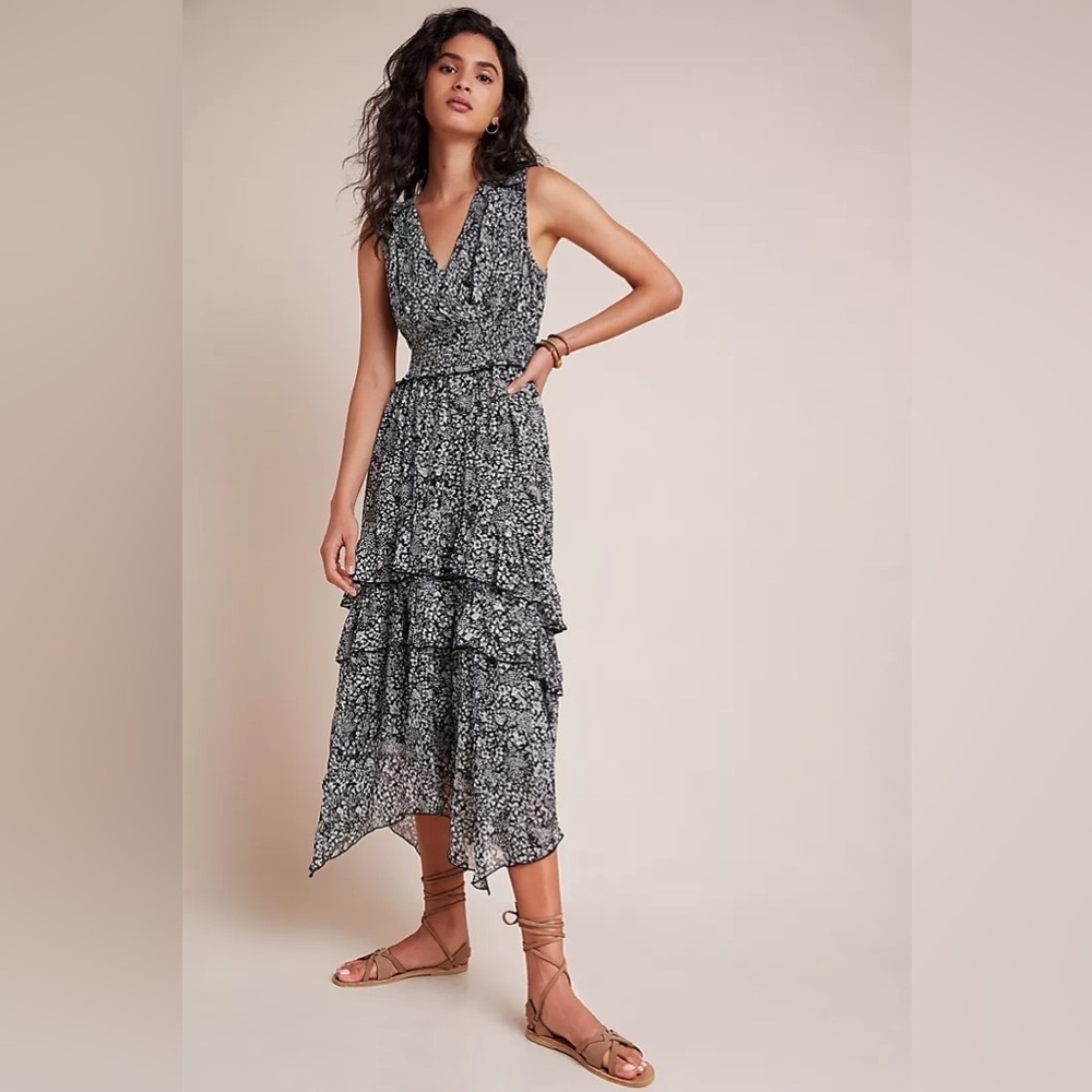 Anthropologie Marcella Tiered Midi Dress black white floral 26838 - Picture 4 of 15